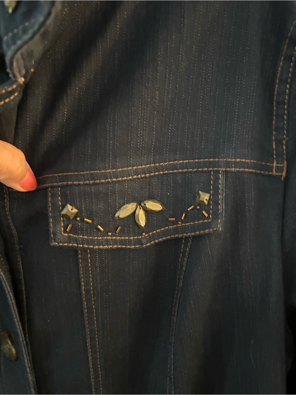 Vintage Charm | Tan Jay Embellished Dark Denim Jacket | 18W - Picture 11 of 12